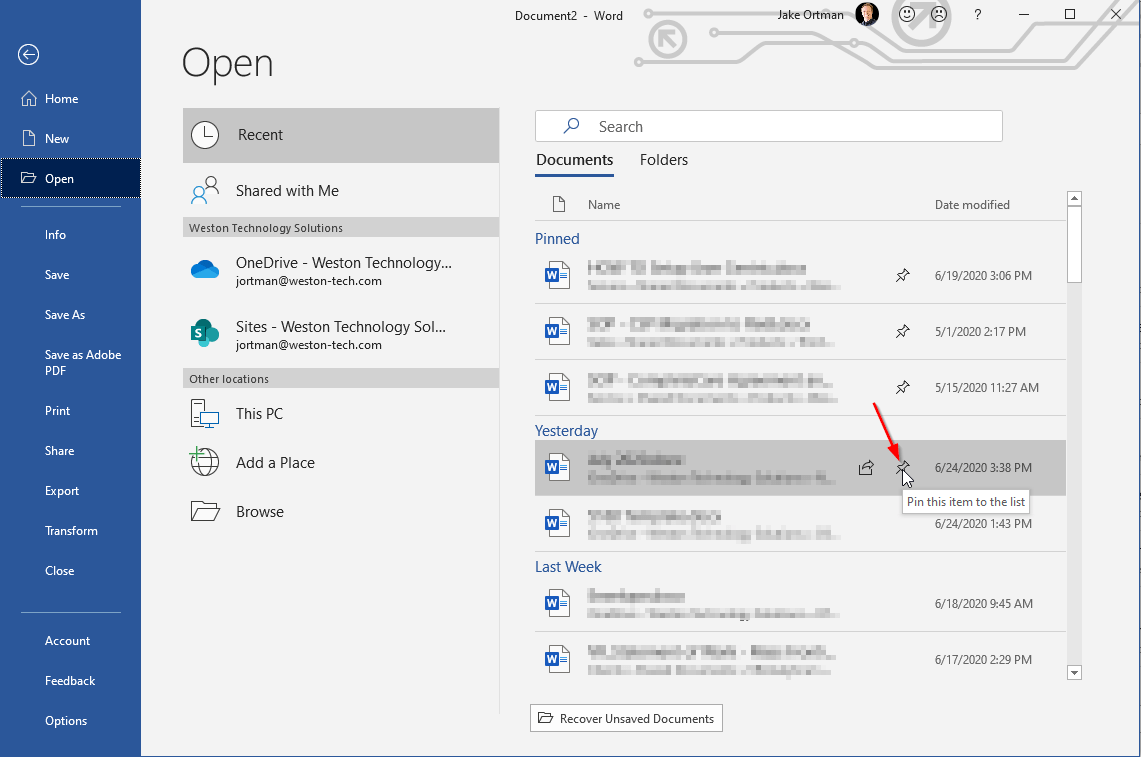 Pin Files in Office 365