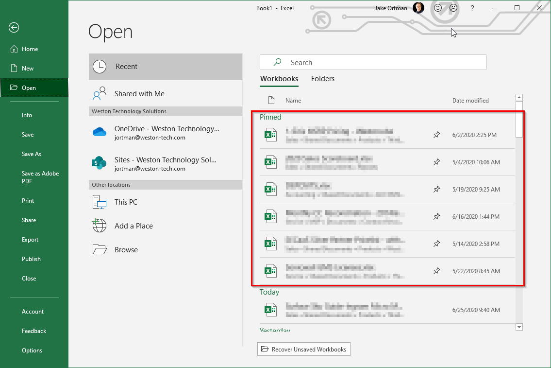 Pinned folders in Excel