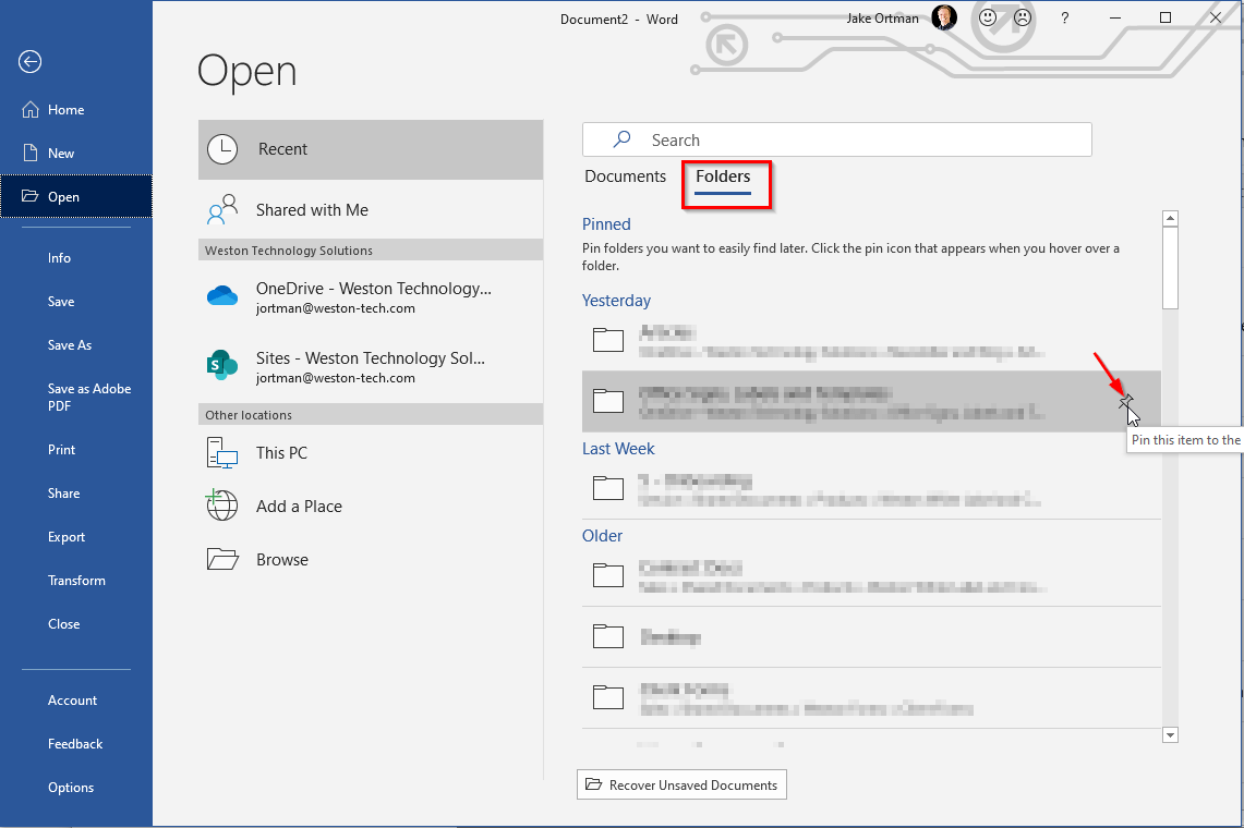 Pin folders in Office 365