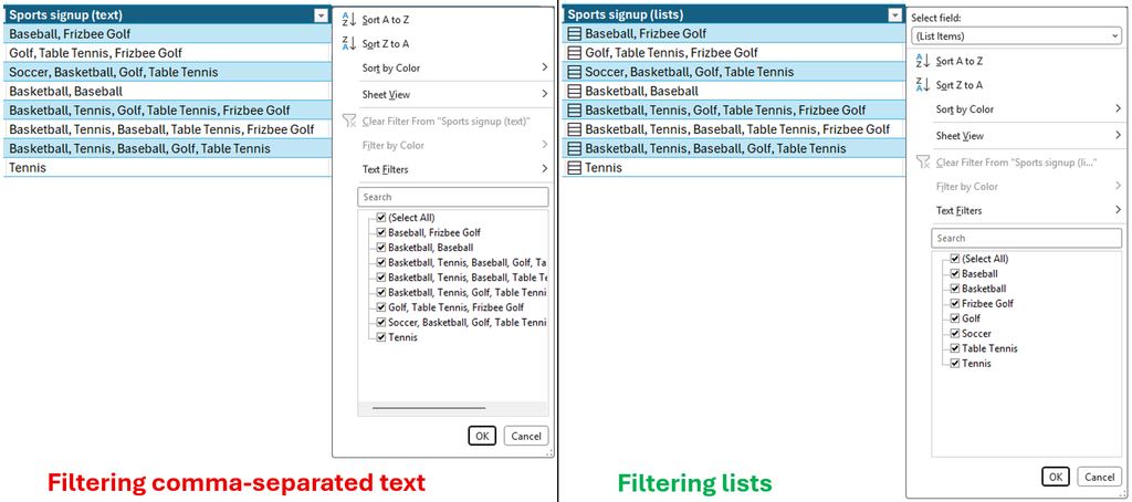 new excel filtering